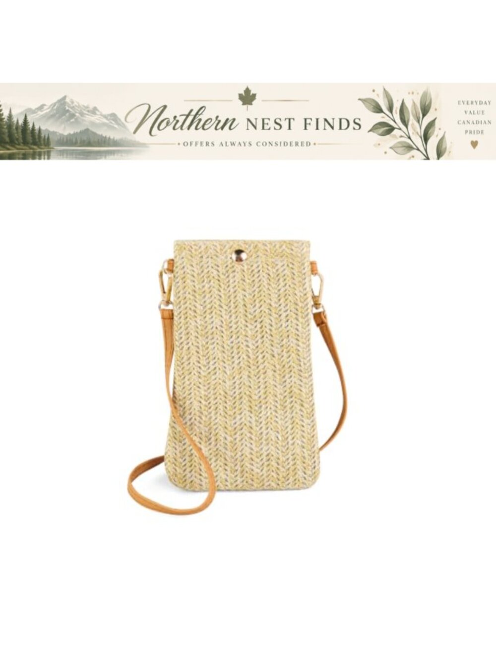 Straw Woven Crossbody Phone Purse Detachable PU Leather Strap Magnetic